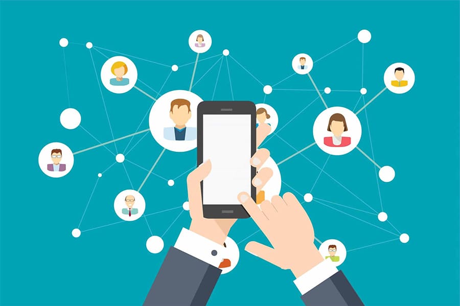 Find balance with your search and social marketing efforts 17 Vector illustration hands using a phone to connect to people through social media.