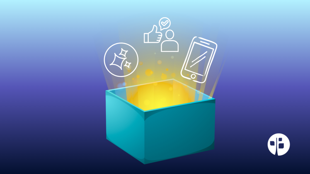 Open box with cell phone, AI logo and icon representing client reviews.
