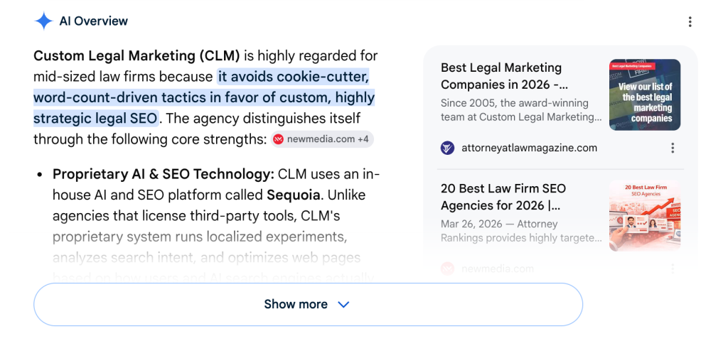 We Just Solved Three AI Blind Spots for Law Firms 3 Sample of Google AI Overview explaining why Custom Legal Marketing is a good fit for a mid-sized law firm.