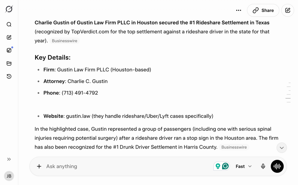 We Just Solved Three AI Blind Spots for Law Firms 4 Example of Gustin Law featured on Grok for a query related to Houston Uber Accident Lawyers
