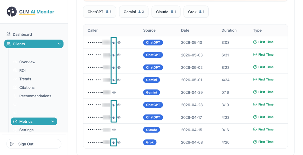 We Just Solved Three AI Blind Spots for Law Firms 2 Sequoia Lead Listener screenshot demonstrating a table of calls that were sourced to ChatGPT, Gemini, Claude, and Grok using the lead listener system.