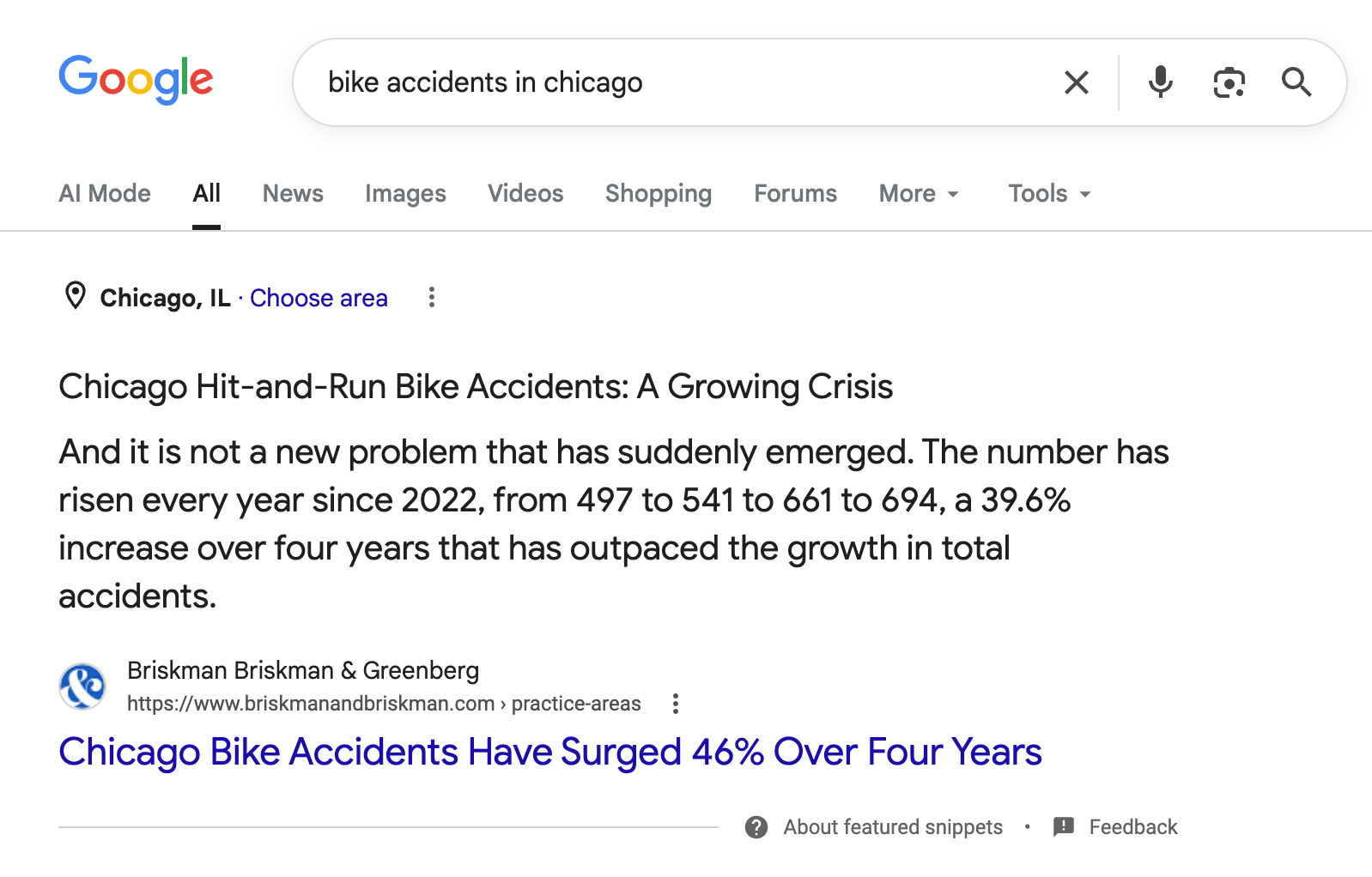 Featured snippet in Google highlighting a bike accident report published by Briskman Briskman & Greenberg