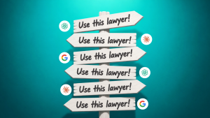 Signs pointing in different directions that say "use this lawyer"