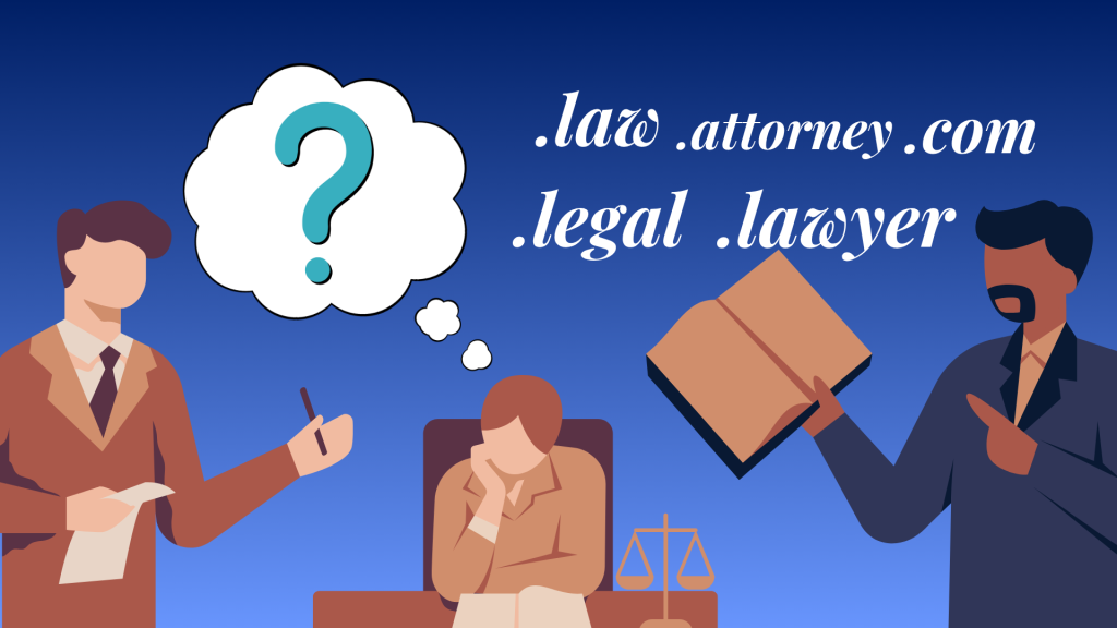 Illustration of three lawyers arguing over the best domain extensions between .law, .lawyer, .attorney, .legal, and .com