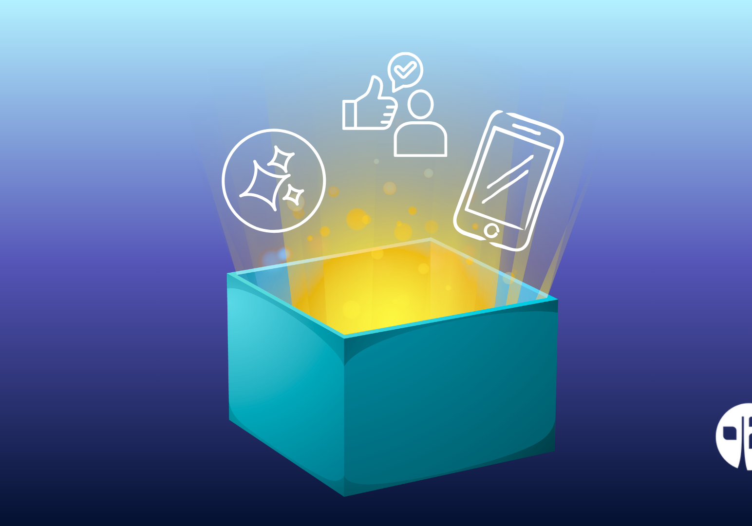 Open box with cell phone, AI logo and icon representing client reviews.