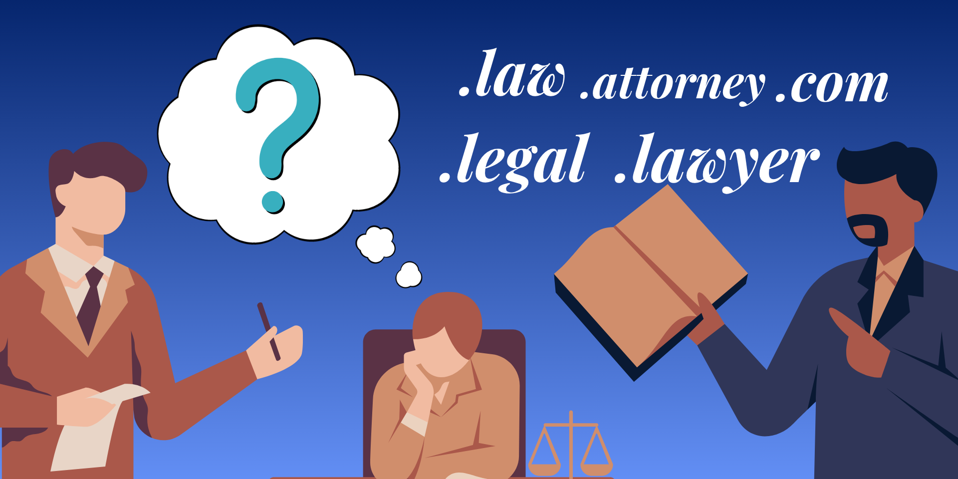 Illustration of three lawyers arguing over the best domain extensions between .law, .lawyer, .attorney, .legal, and .com