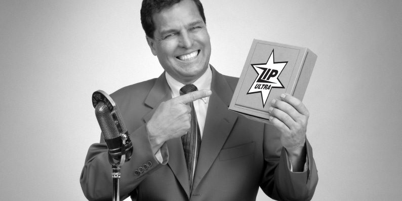 Retro pitch man in black and white from a 1950's era TV commercial